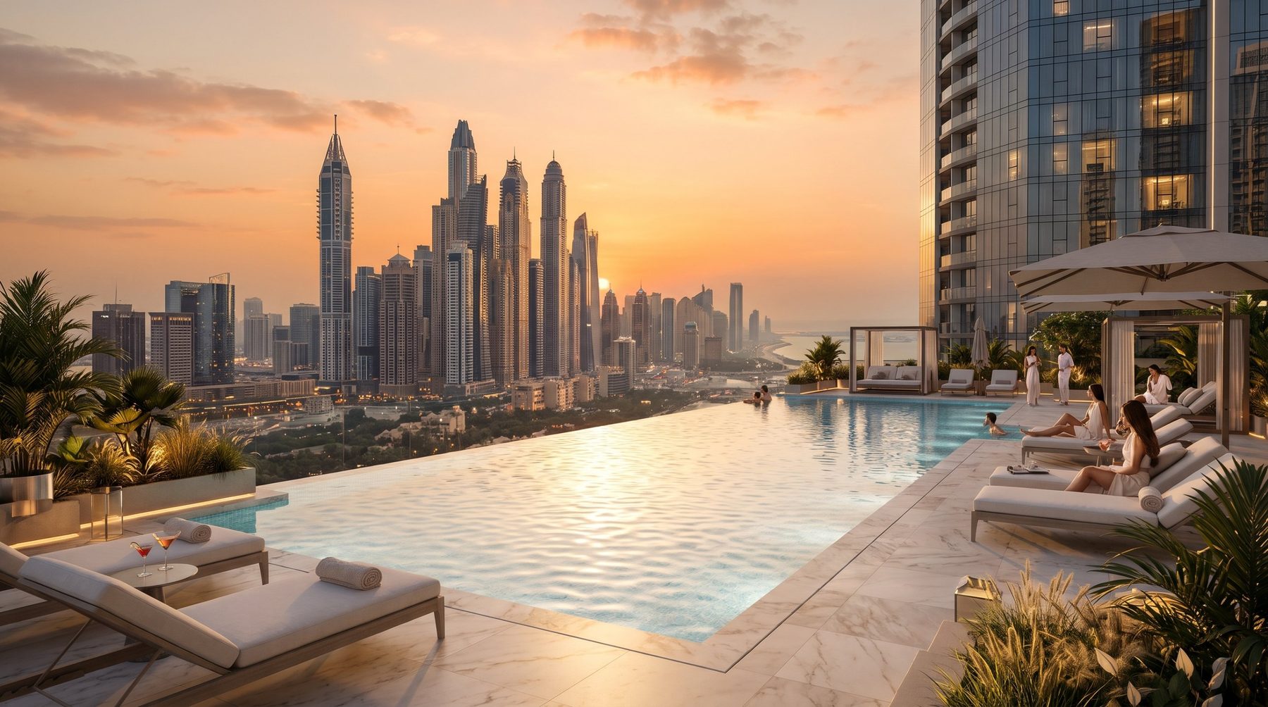 Infinity pool at sunset above the Dubai Marina skyline