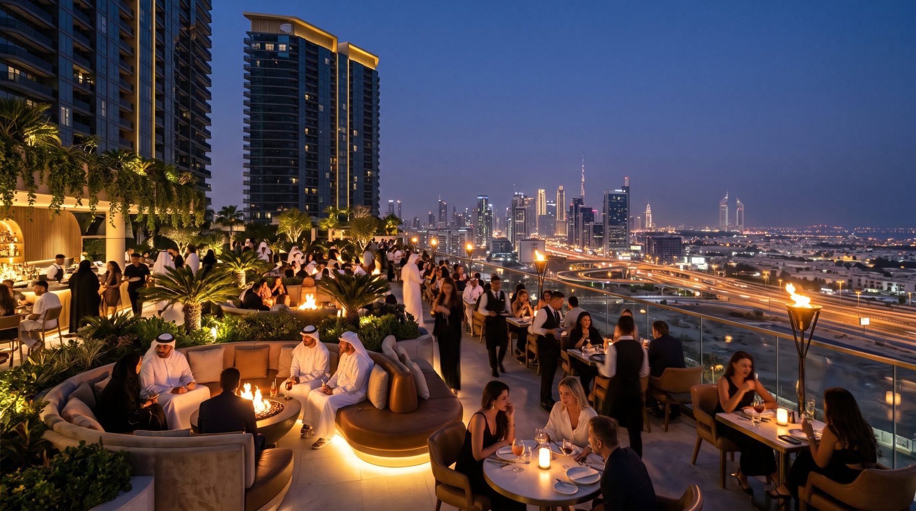 Rooftop terrace at night overlooking the Dubai skyline