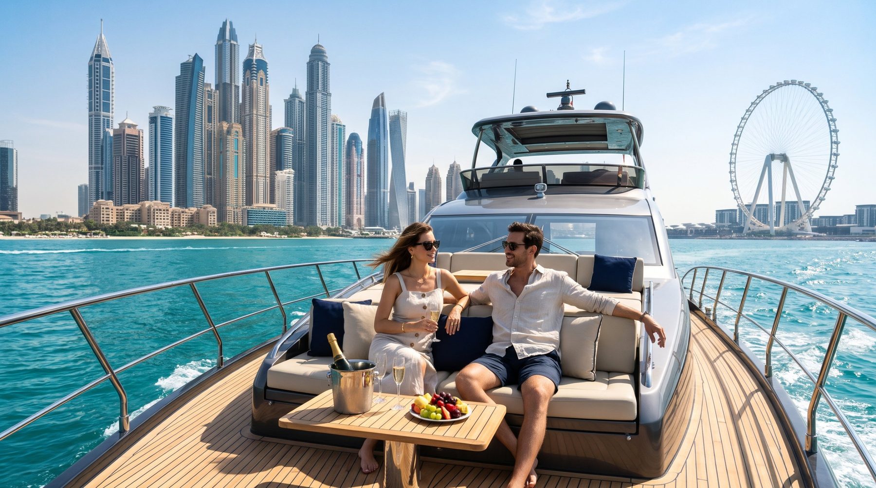 Couple on a yacht in front of the Dubai Marina skyline and Ain Dubai