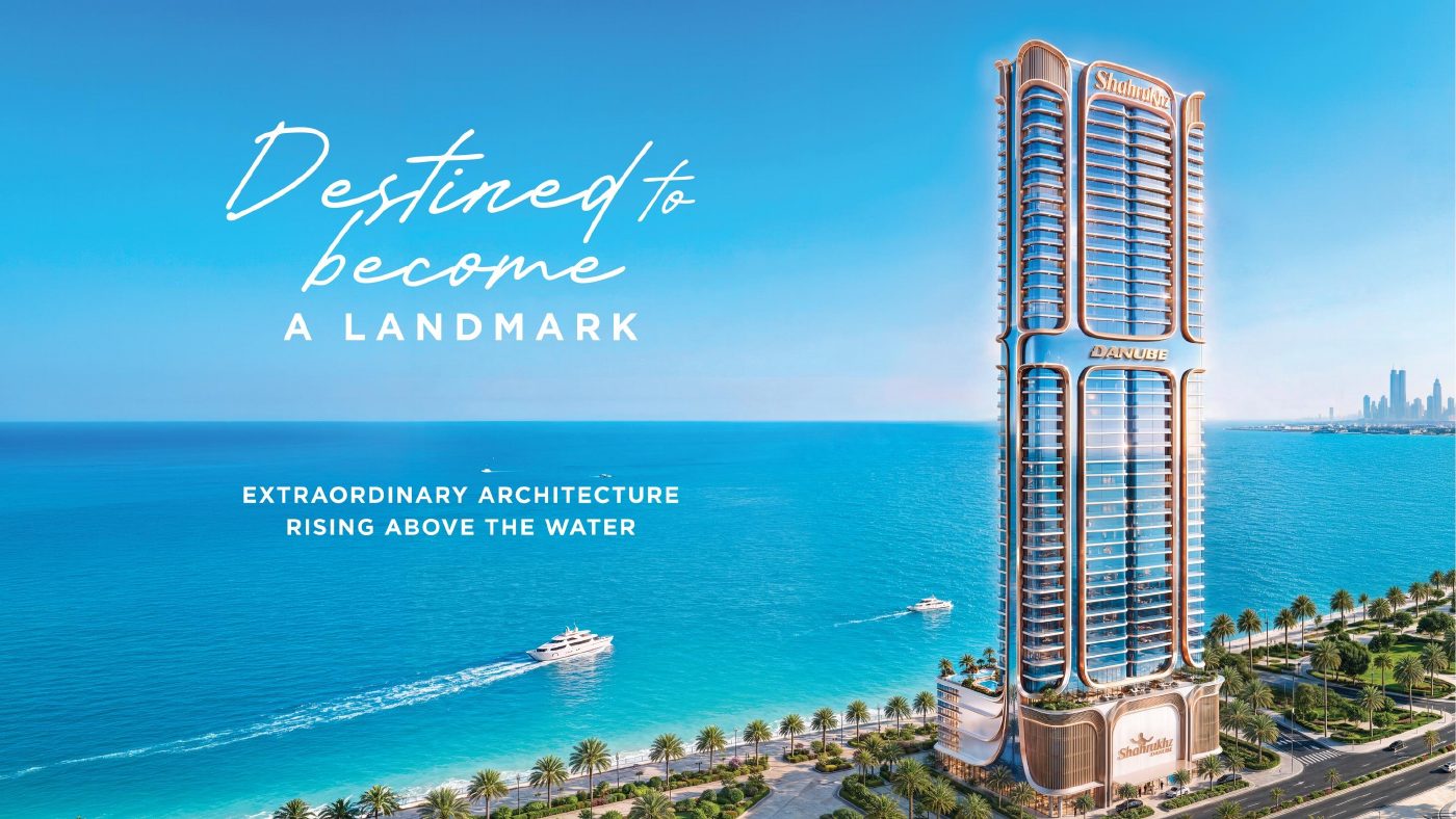 Shahrukhz Residences tower rising above the water (developer rendering)