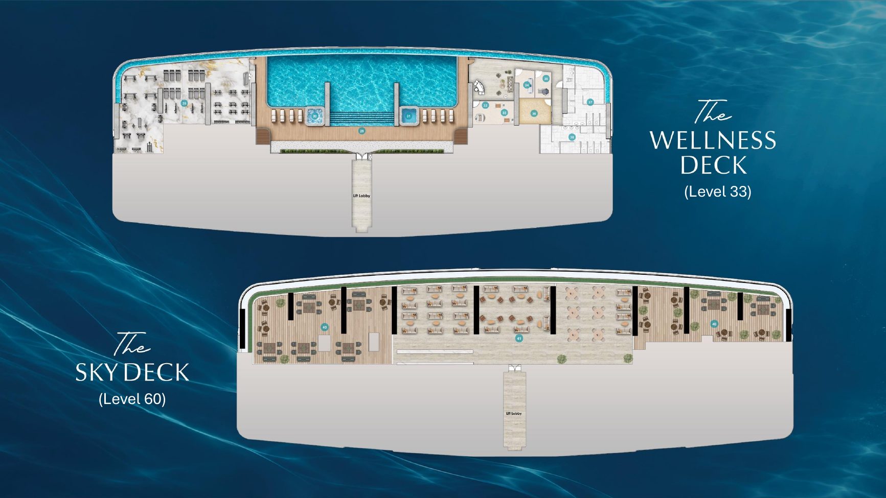 Wellness Deck (Level 33) and Sky Deck (Level 60) plans