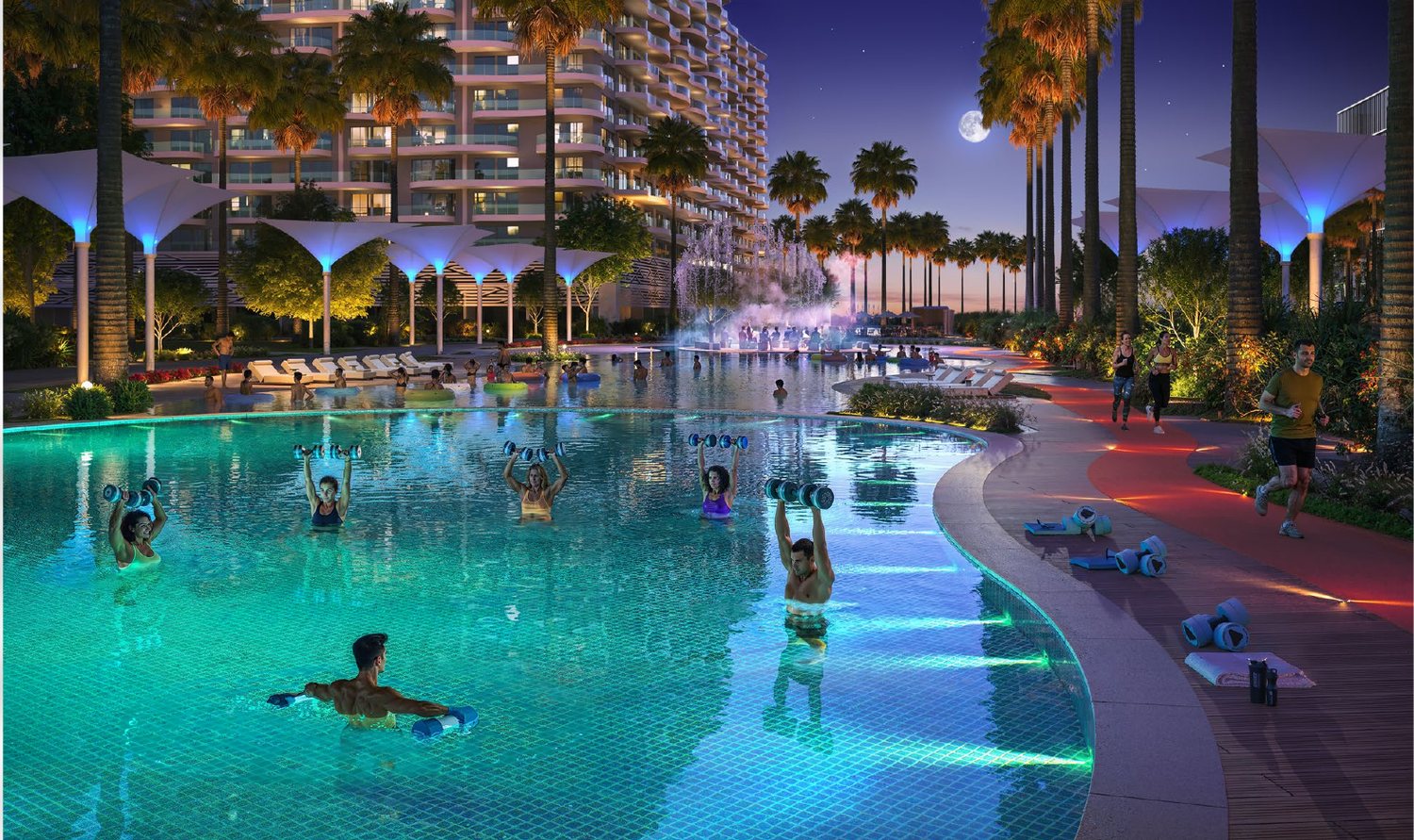 Water fitness area at night (developer rendering)