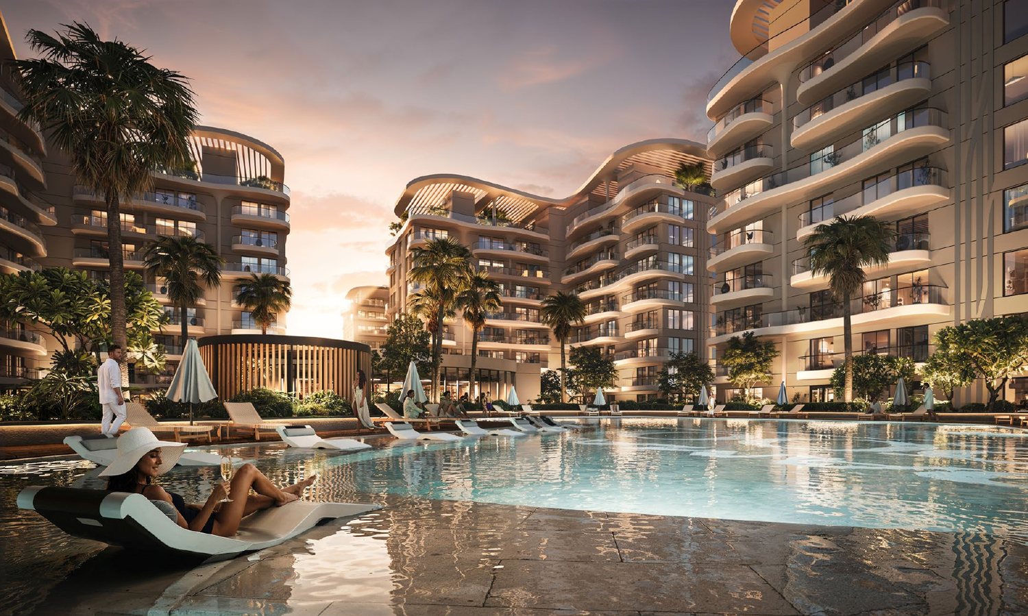 DAMAC Lagoons Sorrento, tower and pool at dusk (developer rendering)